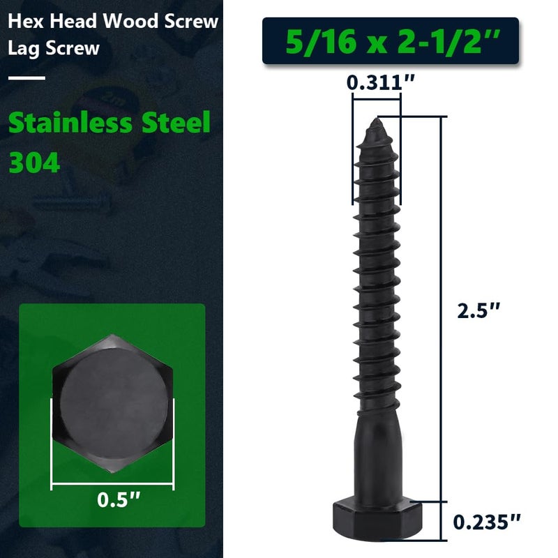 RoyceMart 10-Sets 5/16 x 2-1/2" Black Hex Head Lag Screws & Flat Washers, Heavy Duty Wood Lag Screws, 304 Stainless Steel (18-8), 5/16" Bolt - Image 2